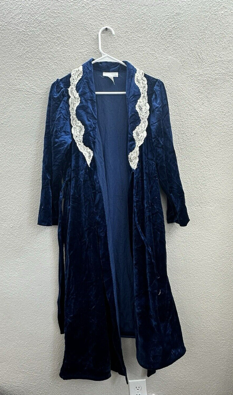 Komar Womens Robe Size Small Blue Velour Lace Nightgown Housecoat Vintage 80s